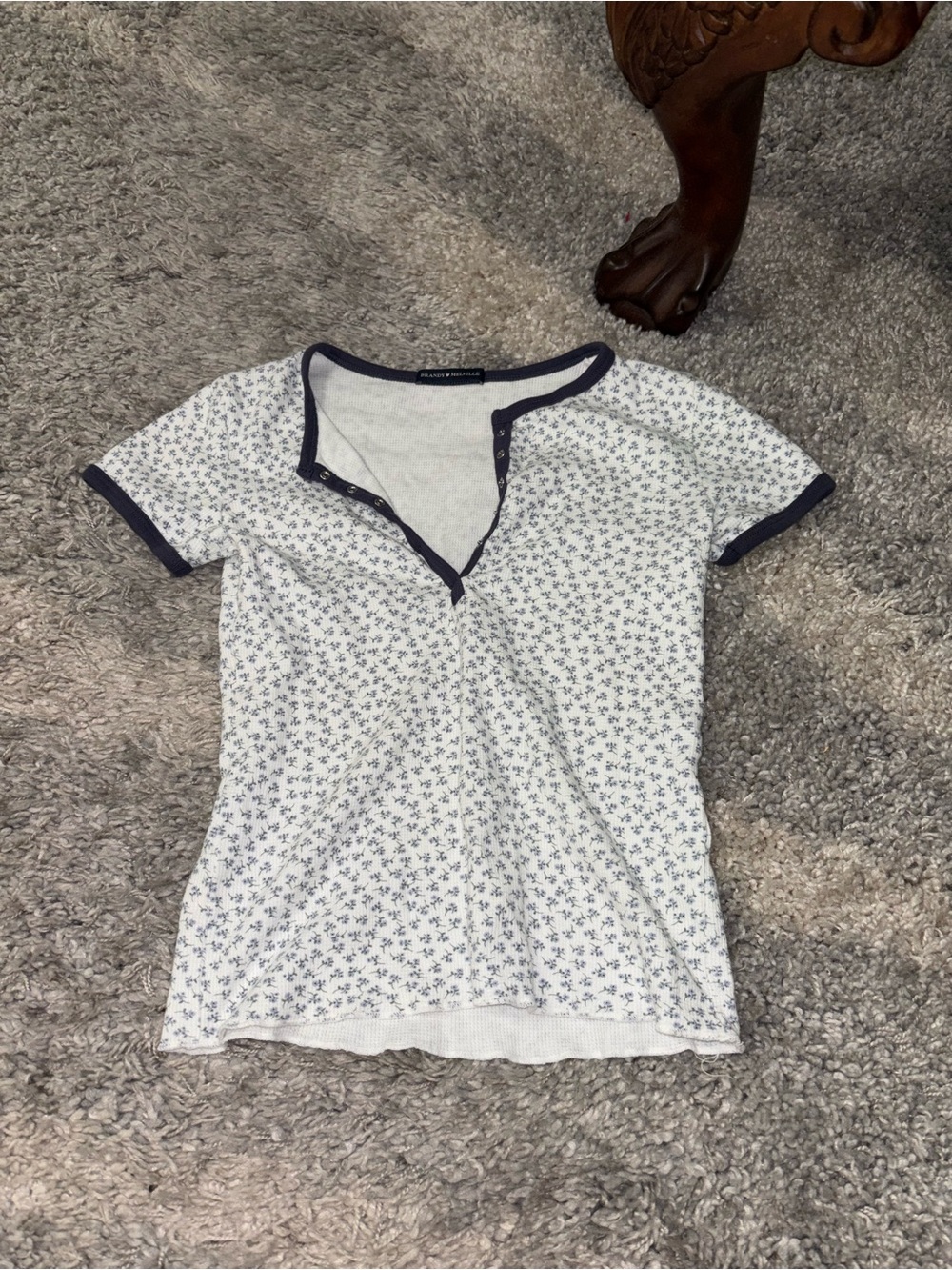 Brandy Melville White Floral Short Sleeve Henley Top with Navy Trim